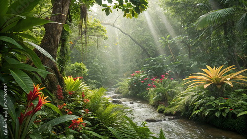 Fototapeta Naklejka Na Ścianę i Meble -  Lush rainforest stream with sunbeams filtering through dense green canopy jungle river