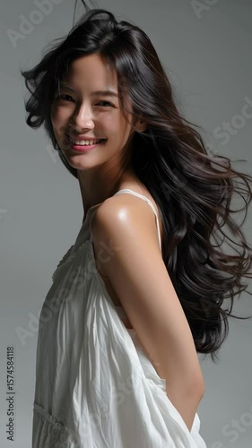 Beauty asian brunette girl with long and shiny wavy hair . Beautiful woman model with curly hairstyle shine and volume in white dress in shiny white background, hair care products and luxury salons.