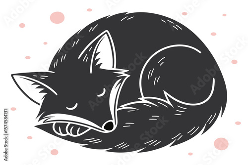 Illustration of a curled up black fox sleeping peacefully with pink dots on a white background
