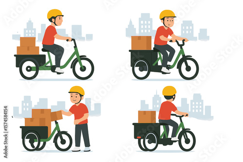 Delivery courier uses cargo bicycle for efficient shipping in an urban environment during daylight hours