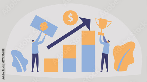 Illustration showing financial growth with people holding money and trophy with an upward arrow