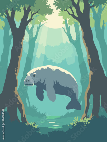 Manatee gliding through mangrove roots in tranquil waters with soft gray skin, emerald water, root brown, and light green beams