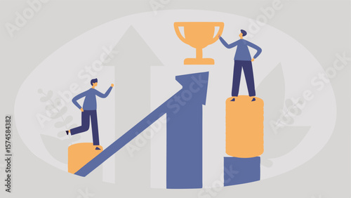 Illustration of two people climbing bar graphs towards a trophy on a light background design