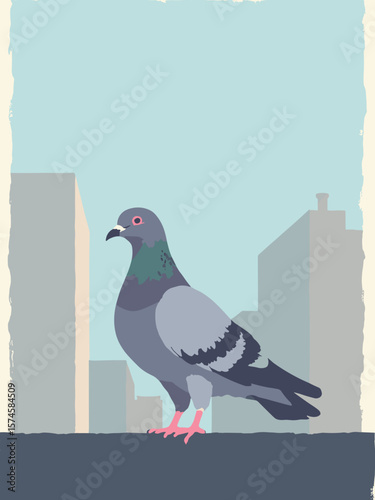 Pigeon perched on urban ledge with slate gray feathers, rose-pink eye ring, dove gray buildings, and sky blue