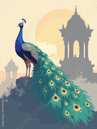 Peacock fanning iridescent tail beside temple ruins in sapphire blue, emerald green, gold accents, and stone gray