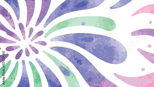 Watercolor burst with purple green and pink hues radiating from a central point on white backdrop