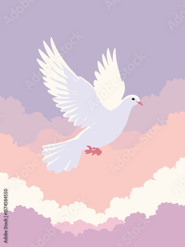 Dove in mid-flight against pastel sky with pure white plumage, sky lavender, cloud white, and blush pink horizon