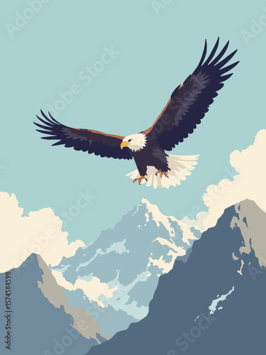 Eagle soaring above mountain peaks with dark brown wings, snow white head, sky blue, and granite gray cliffs
