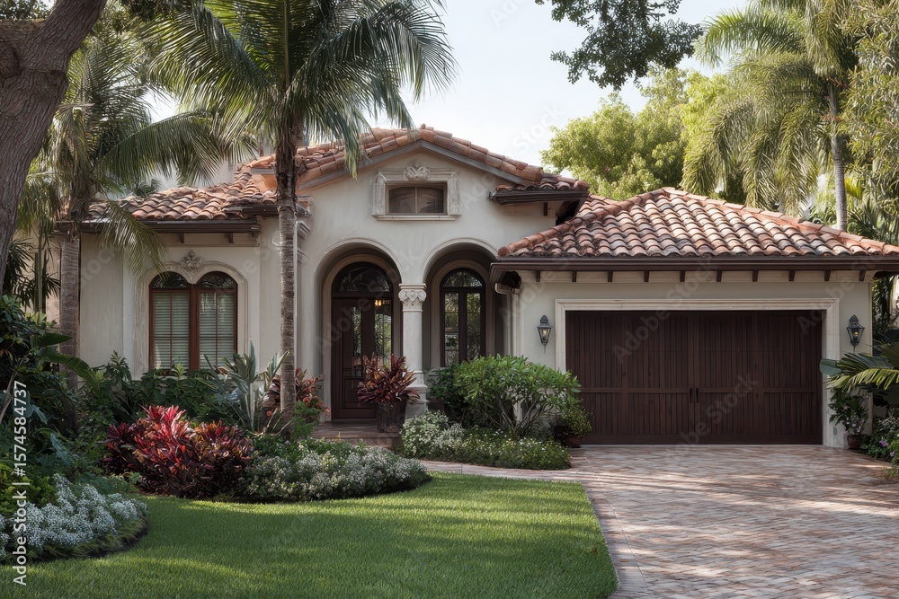 Fototapeta premium Florida Home in Naples for Summer with Tile Roof and Bright Warm Colors