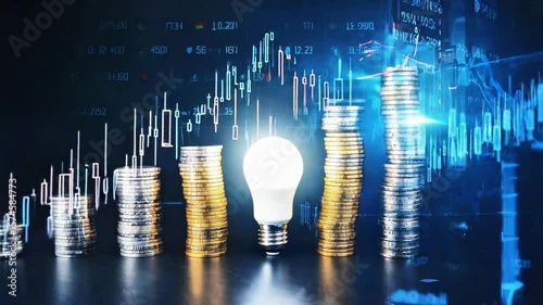 Stacks of coins and a glowing lightbulb represent investment growth with financial charts behind them.