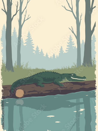 Alligator sunning on swamp log with dark green hide, water teal, cypress root brown, and misty gray background
