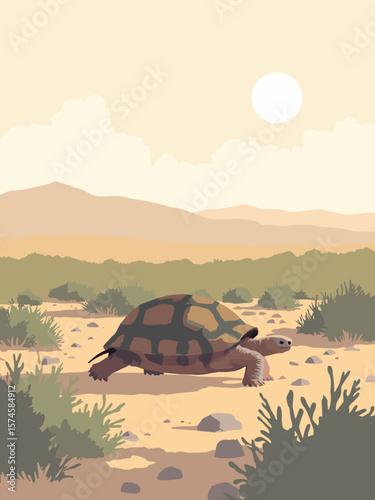 Tortoise ambling across desert scrub with patterned shell in sandy tan, olive green bushes, rock gray, and sky white