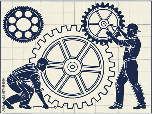 Two mechanics working together with large gears and tools isolated on white background