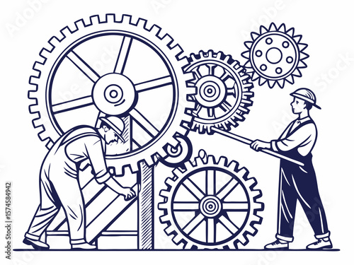 Two mechanics working together to operate large gears in a factory isolated on white background