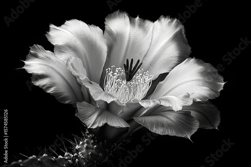 Dutchman's pipe cactus,jungle cactus,night blooming.Black and white fine art photograph of a Dutchman's Pipe Cactus, emphasizing the contrast between the soft petals