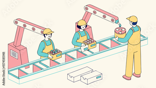 Workers and robots on a conveyor belt assembly line isolated on white background