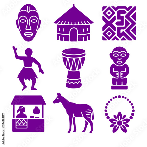 vector isolated purple color DRC (Congo) traditional cultural symbols