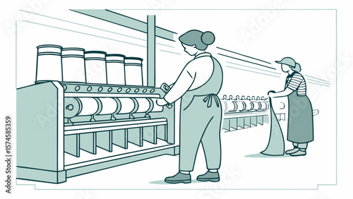 Textile factory workers operating machinery in a vintage style illustration isolated on white background