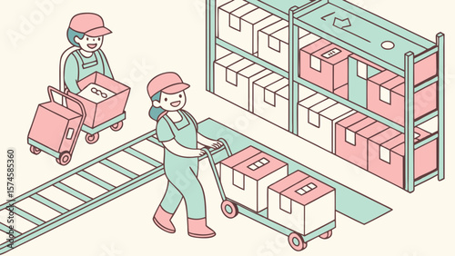 Warehouse workers organizing boxes on shelves and conveyor belt isolated on white background
