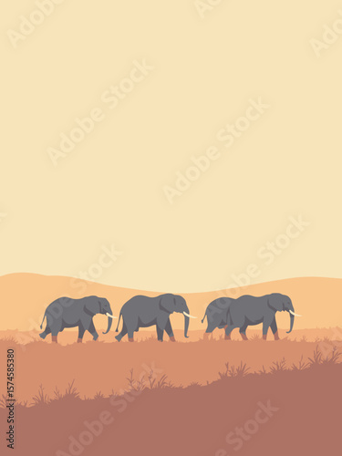 Elephant herd crossing a dusty plain under warm light in slate gray, dusty rose, clay brown, and pale gold