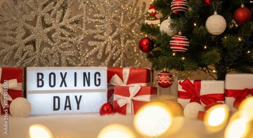 Boxing Day Celebration with Gifts and Festive Christmas Tree Decorations