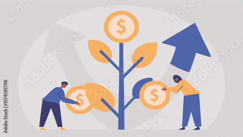 Two people adding coins to a money tree with upward arrows indicating growth and financial success