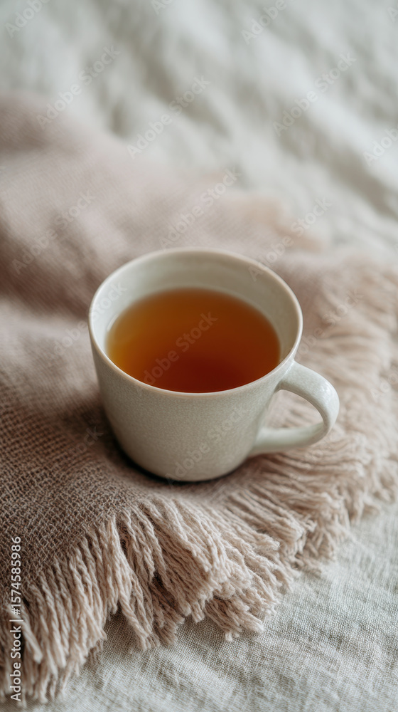 Cozy cup of tea on soft blanket, creating warm and inviting atmosphere Cozy cup of tea on soft blanket, creating warm and inviting atmosphere