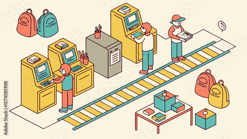 People working at automated kiosks and conveyor belt with backpacks and boxes isolated on white background