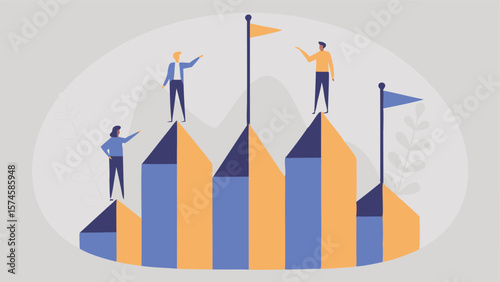 People standing on bar graph with flags representing business success and achievement goals set ahead