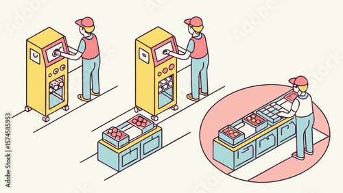 People operating self service kiosks and checkout counters isolated on white background
