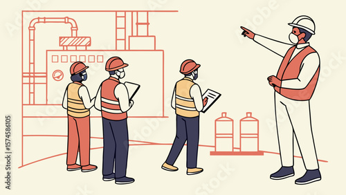 Team of workers in safety vests and hard hats in a factory setting isolated on white background