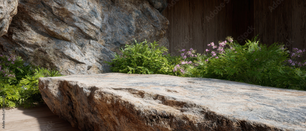 Fototapeta premium Stone table surrounded by lush greenery and flowers creates serene natural setting