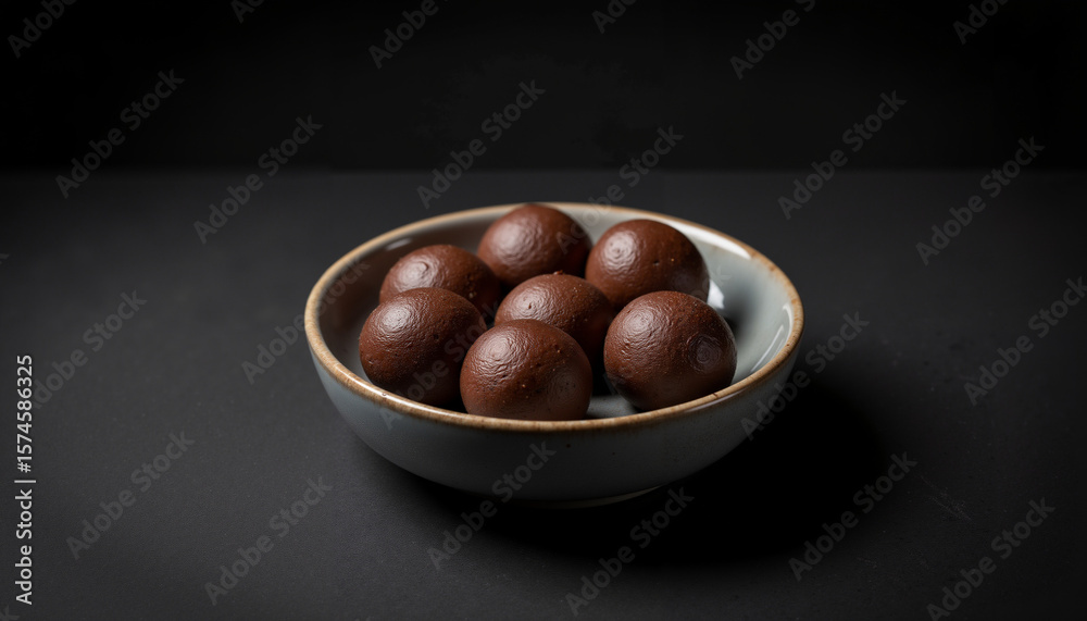Obraz premium Chocolate balls arranged in a bowl on a dark background 