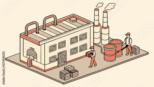 Isometric factory building with workers and barrels isolated on white background