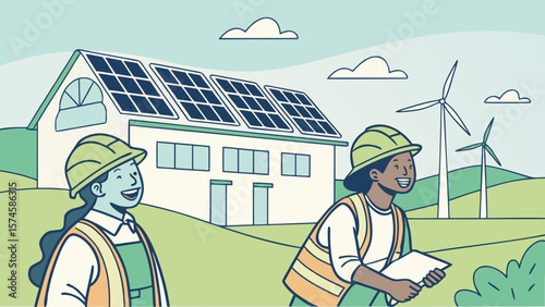 Two smiling workers in hard hats inspect a sustainable energy home with solar panels and wind turbines isolated on white background