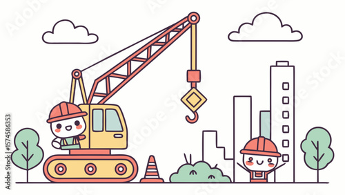 Cute cartoon construction workers and crane building a city isolated on white background