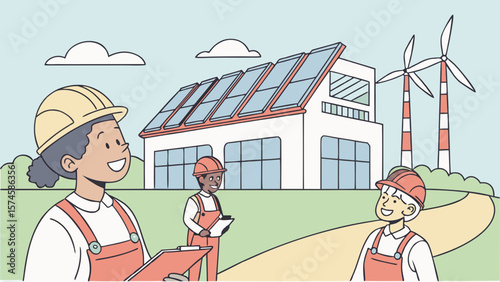 Diverse team of workers inspecting renewable energy installation with solar panels and wind turbines isolated on white background