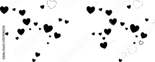 Black and white hearts scattered across a white background vector