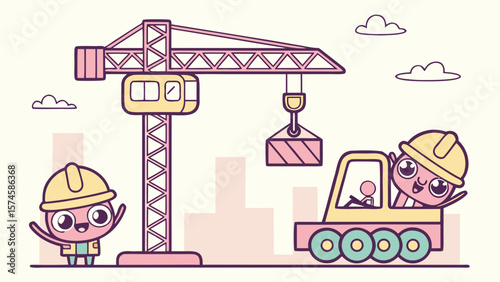 Cute cartoon construction characters with crane and truck isolated on white background