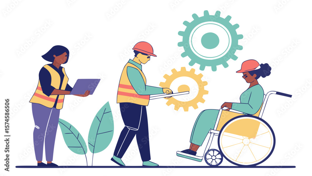 Fototapeta premium Diverse team collaborating on a project with a person in a wheelchair isolated on white background