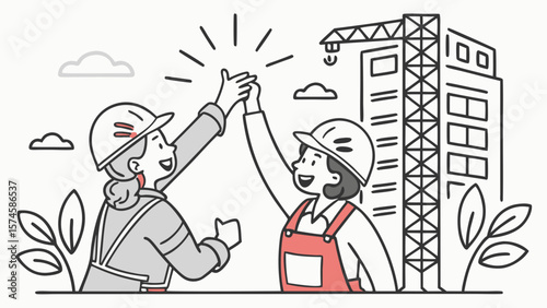 Two happy construction workers giving a high five at a building site isolated on white background