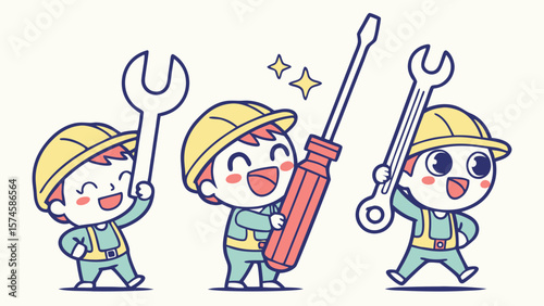 Three happy cartoon construction workers holding tools isolated on white background