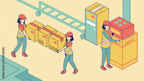 Warehouse workers moving boxes and packages on a conveyor belt isolated on white background