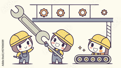 Cute cartoon construction workers assembling gears on a factory conveyor belt isolated on white background