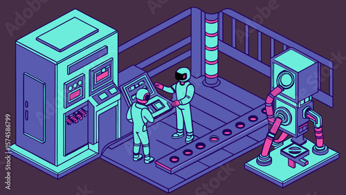 Two astronauts in a futuristic control room working together isolated  background