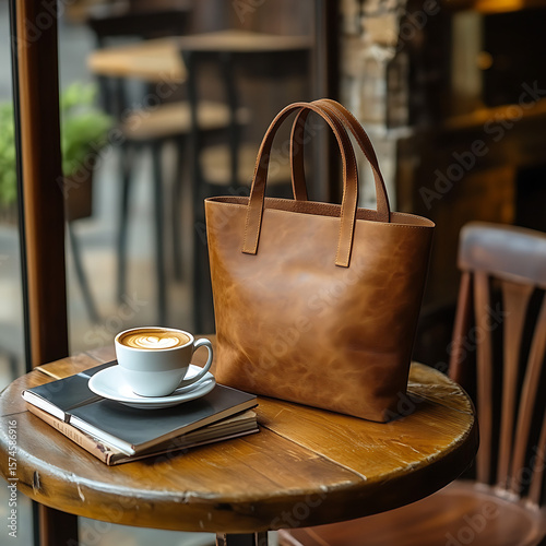 Brown leather tote bag and still life photo of cafe