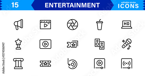 Entertainment Vector Icons for Media, Music, Games, and Events in Line Art Style