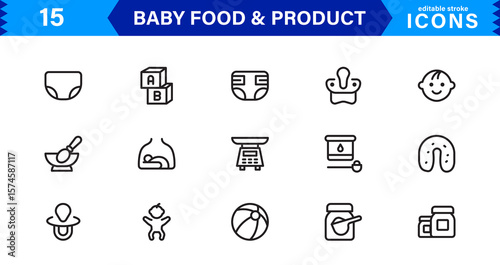 Baby Food and Infant Product Symbols – Professional Modern Line Icon Pack with Unique Vector Style for Nutrition, Care, and Baby Essentials