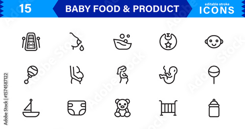 Baby Food and Infant Product Symbols – Professional Modern Line Icon Pack with Unique Vector Style for Nutrition, Care, and Baby Essentials