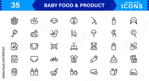 Baby Food and Infant Product Symbols – Professional Modern Line Icon Pack with Unique Vector Style for Nutrition, Care, and Baby Essentials